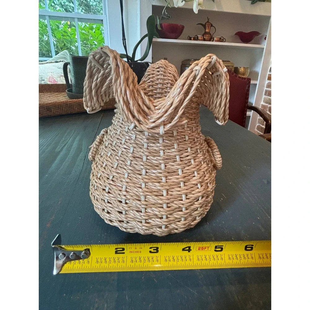 Vintage Woven Straw Ruffle Top Basket Bow Detail Boho Decor Made in Korea